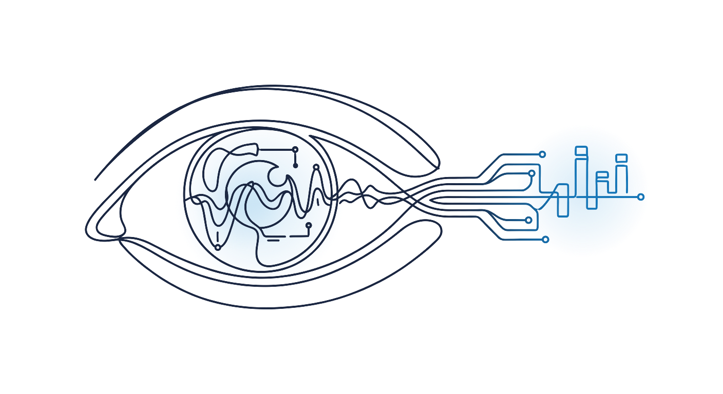 An eye with brain wave patterns flowing into data bars, illustrating the science behind eye-tracking insights